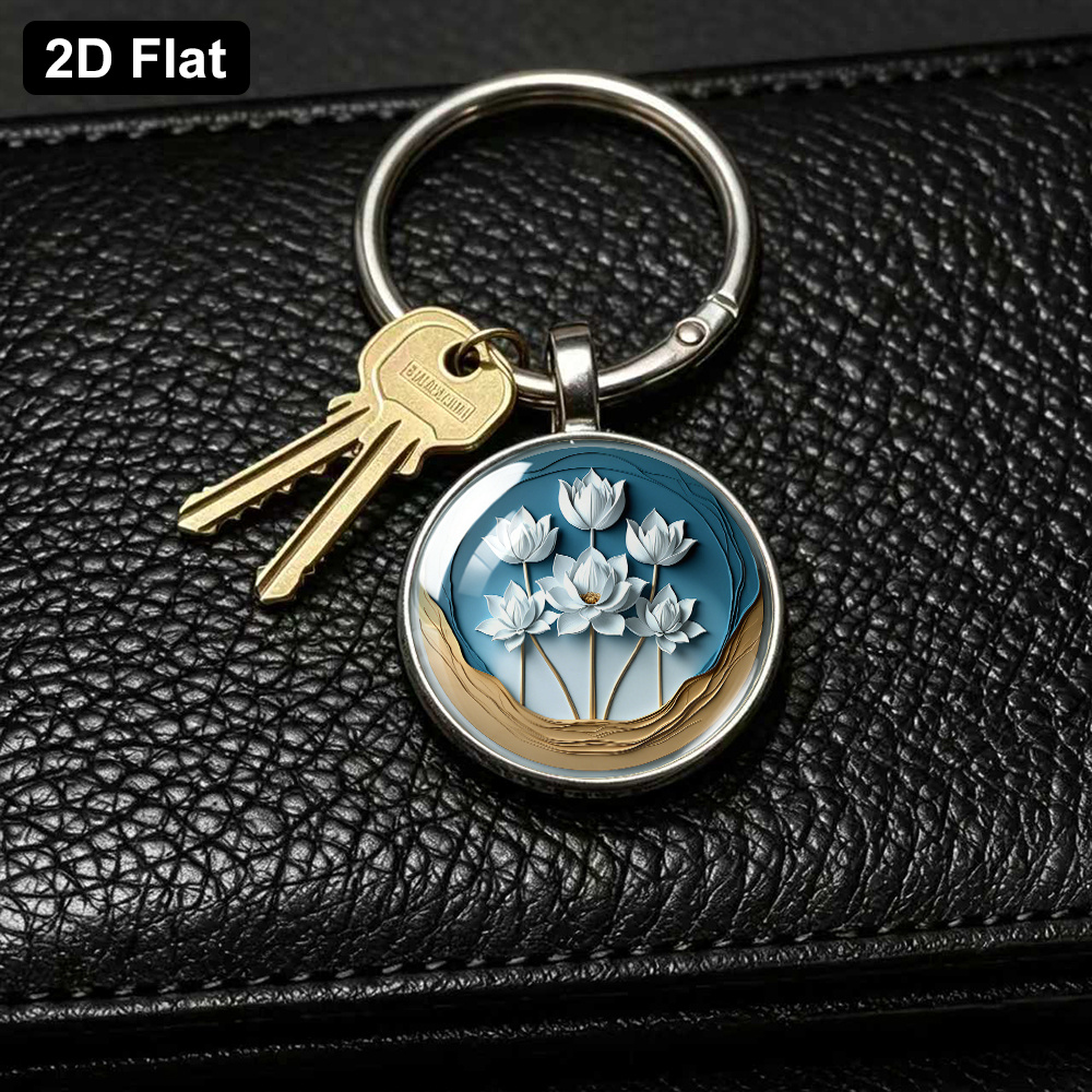 Chinese Style Keychain with Five White Lotuses Theme